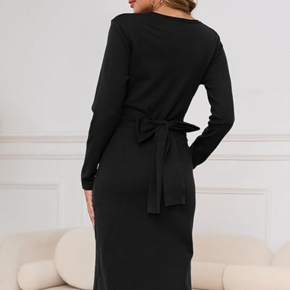 Women's Fall Winter Sweater Dress Midi 2024 Split Side Tie Back High Waist A-Lin